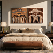 Sombrero Shadows Cross Linen - striped sombrero portrait by Elliot Vale, modern figurative set of 2 wall art - styled room scene view 1