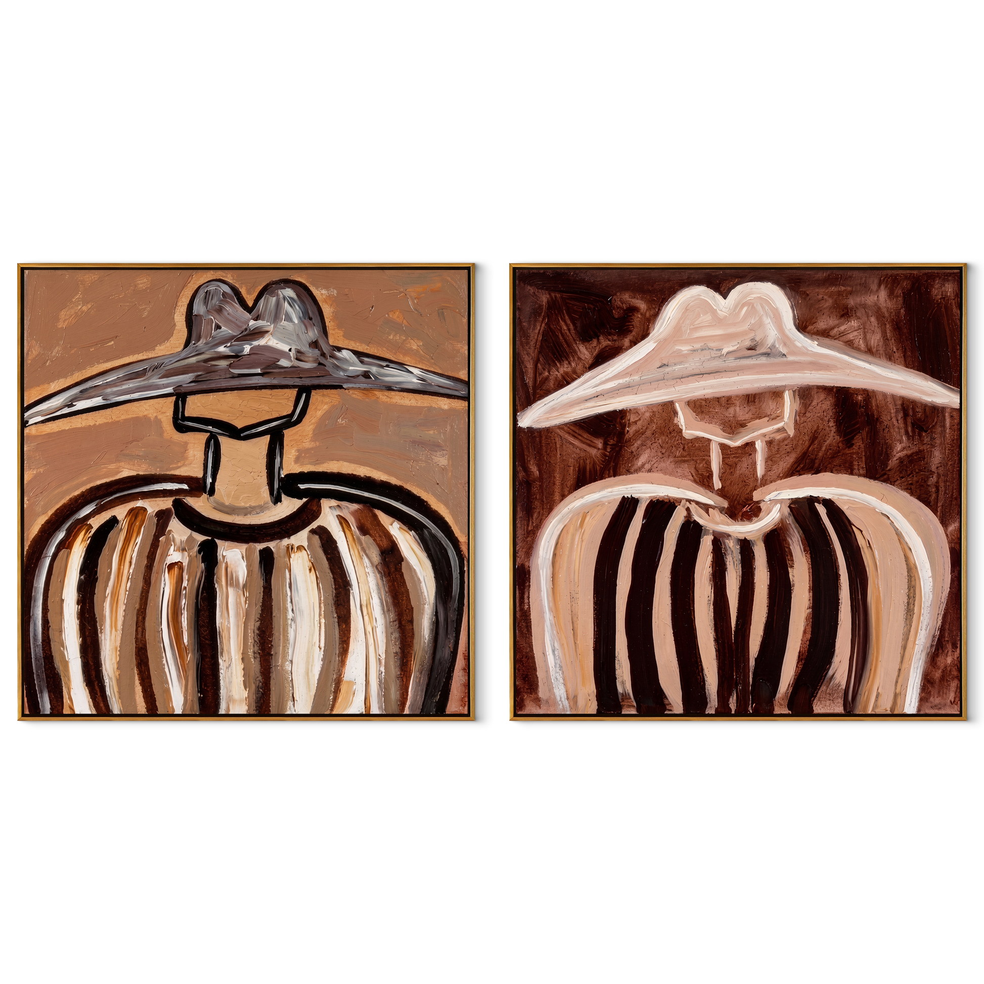 Sombrero Shadows Cross Linen - striped sombrero portrait by Elliot Vale, modern figurative set of 2 wall art - complete two-panel artwork set on white background