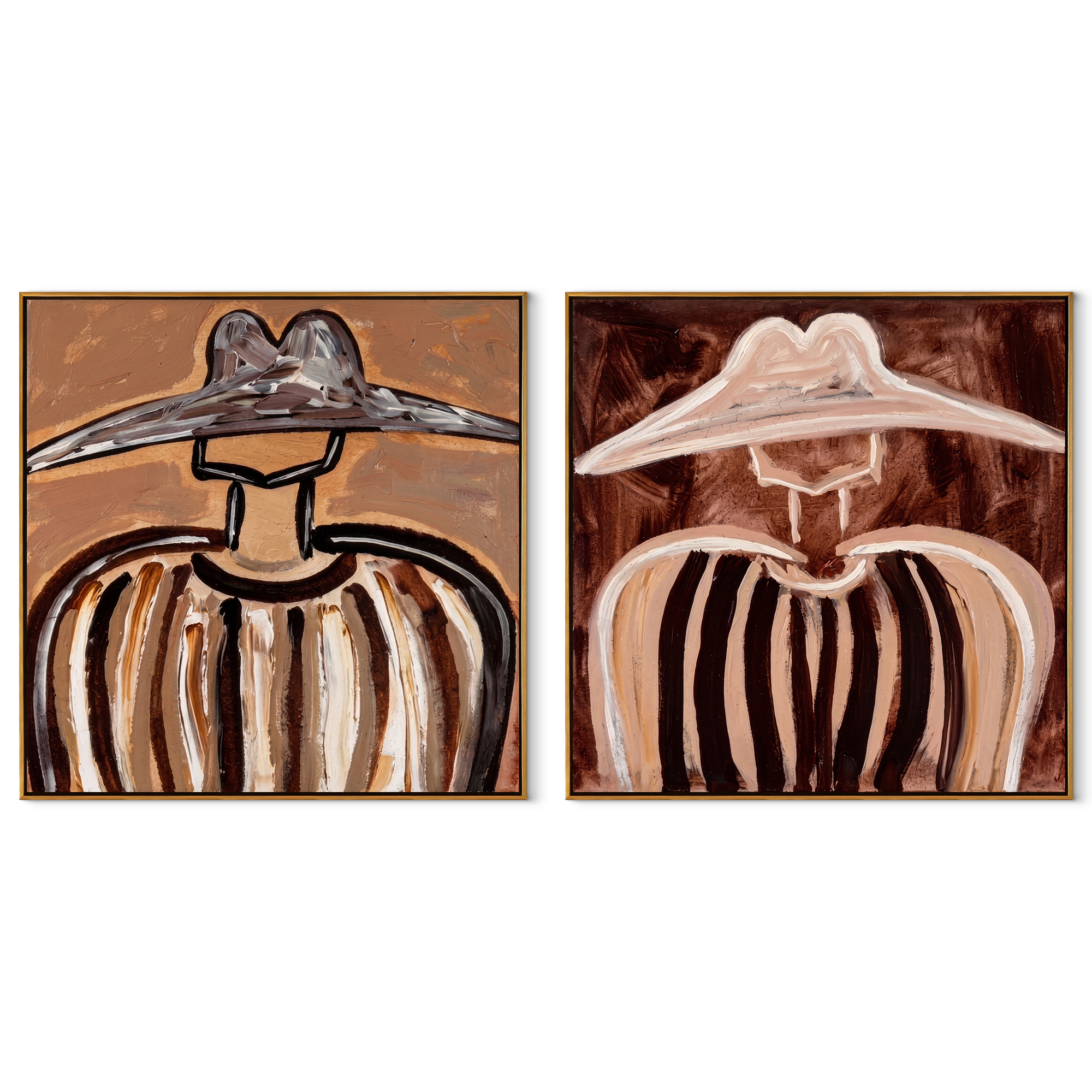 Sombrero Shadows Cross Linen - striped sombrero portrait by Elliot Vale, modern figurative set of 2 wall art - complete two-panel artwork set on white background