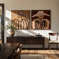 Sombrero Shadows Cross Linen - striped sombrero portrait by Elliot Vale, modern figurative set of 2 wall art - styled room scene view 2