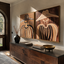 Sombrero Shadows Cross Linen - striped sombrero portrait by Elliot Vale, modern figurative set of 2 wall art - styled room scene view 3