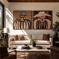 Sombrero Shadows Cross Linen - striped sombrero portrait by Elliot Vale, modern figurative set of 2 wall art - styled room scene view 4