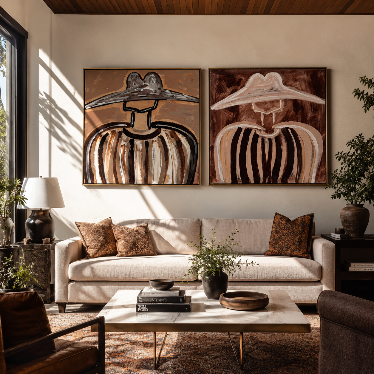 Sombrero Shadows Cross Linen - striped sombrero portrait by Elliot Vale, modern figurative set of 2 wall art - styled room scene view 4