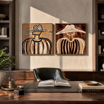 Sombrero Shadows Cross Linen - striped sombrero portrait by Elliot Vale, modern figurative set of 2 wall art - styled room scene view 5