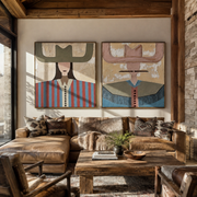 Pastel Brims Divide Noon - color block cowgirl portrait by Elliot Vale, modern figurative set of 2 wall art - styled room scene view 1