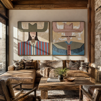 Pastel Brims Divide Noon - color block cowgirl portrait by Elliot Vale, modern figurative set of 2 wall art - styled room scene view 1
