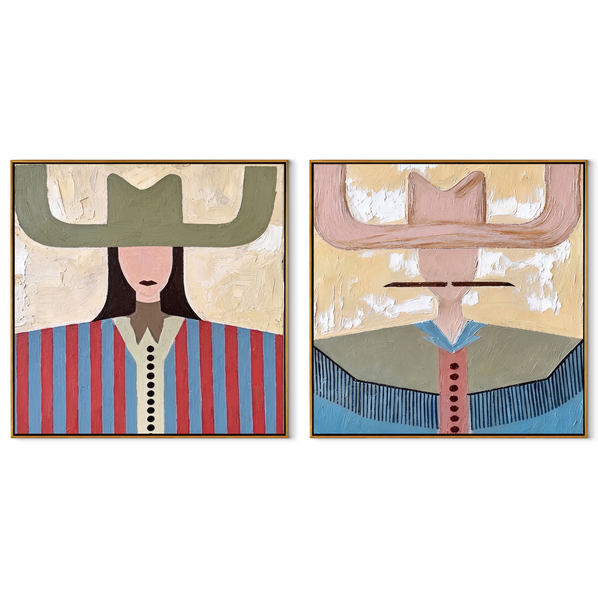 Pastel Brims Divide Noon - color block cowgirl portrait by Elliot Vale, modern figurative set of 2 wall art - complete two-panel artwork set on white background