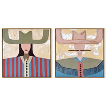 Pastel Brims Divide Noon - color block cowgirl portrait by Elliot Vale, modern figurative set of 2 wall art - complete two-panel artwork set on white background