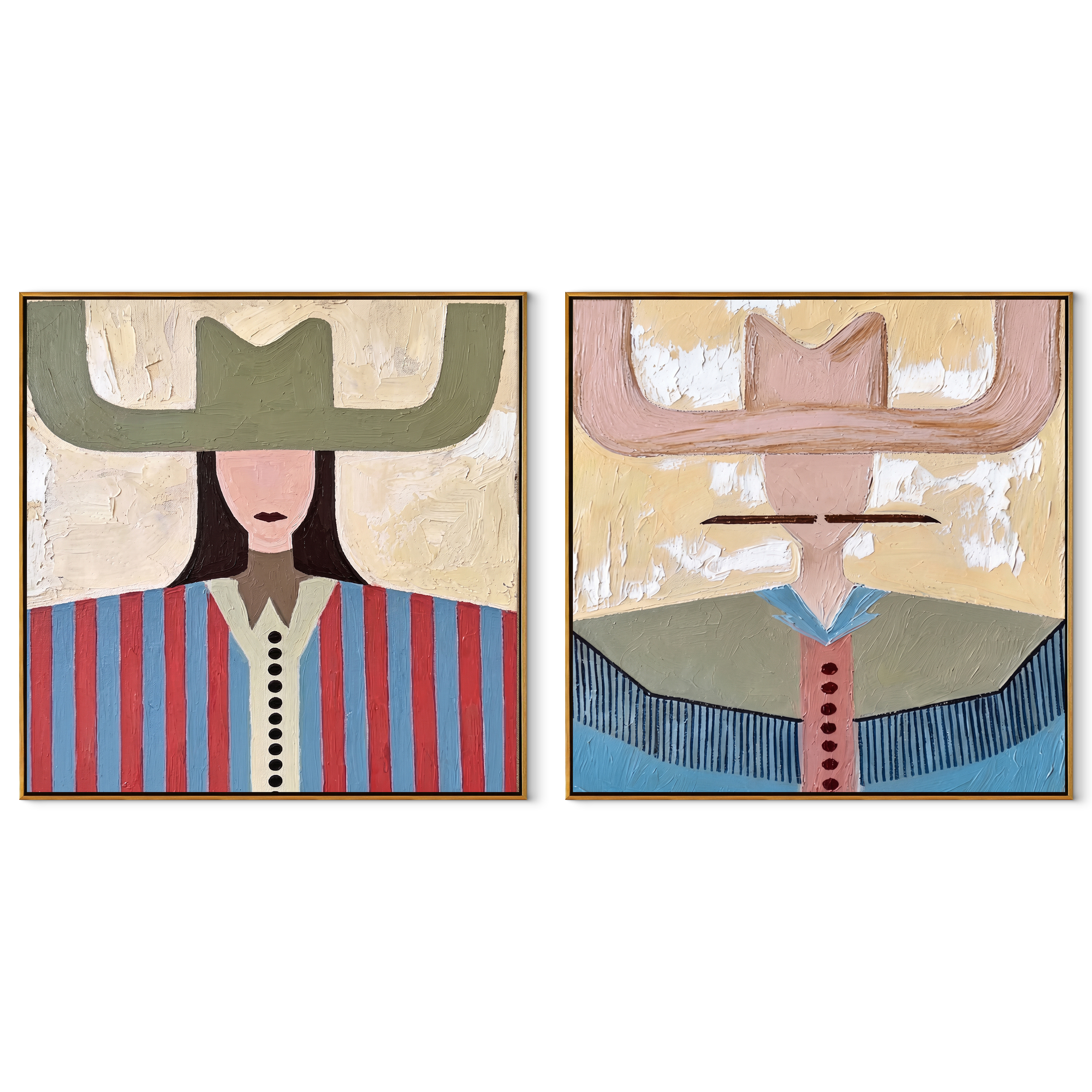 Pastel Brims Divide Noon - color block cowgirl portrait by Elliot Vale, modern figurative set of 2 wall art - complete two-panel artwork set on white background