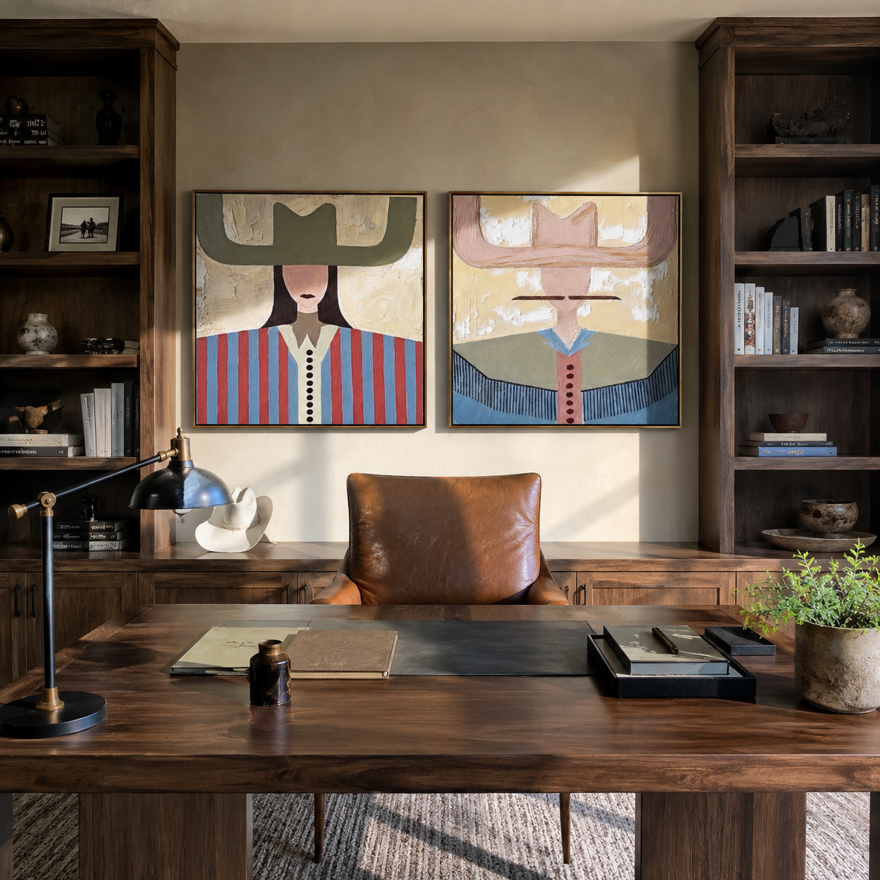 Pastel Brims Divide Noon - color block cowgirl portrait by Elliot Vale, modern figurative set of 2 wall art - styled room scene view 2