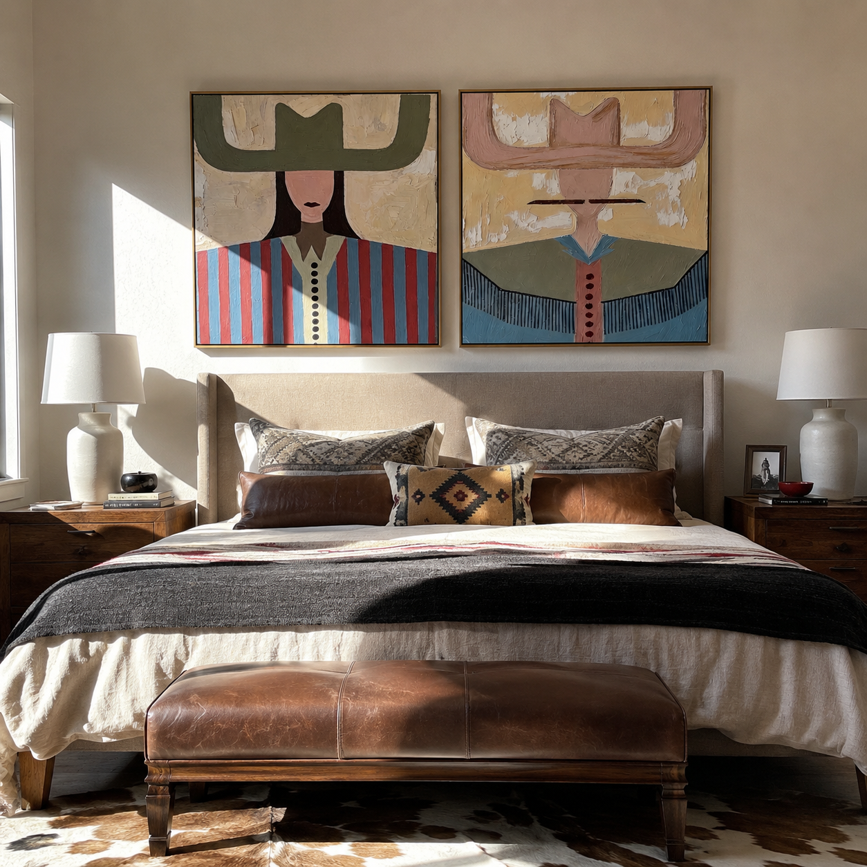 Pastel Brims Divide Noon - color block cowgirl portrait by Elliot Vale, modern figurative set of 2 wall art - styled room scene view 3