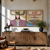 Pastel Brims Divide Noon - color block cowgirl portrait by Elliot Vale, modern figurative set of 2 wall art - styled room scene view 4