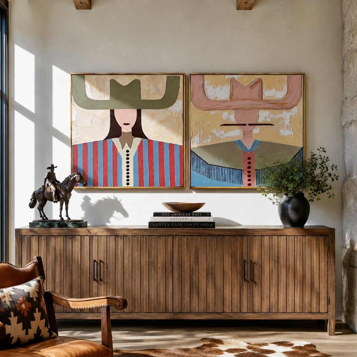 Pastel Brims Divide Noon - color block cowgirl portrait by Elliot Vale, modern figurative set of 2 wall art - styled room scene view 4