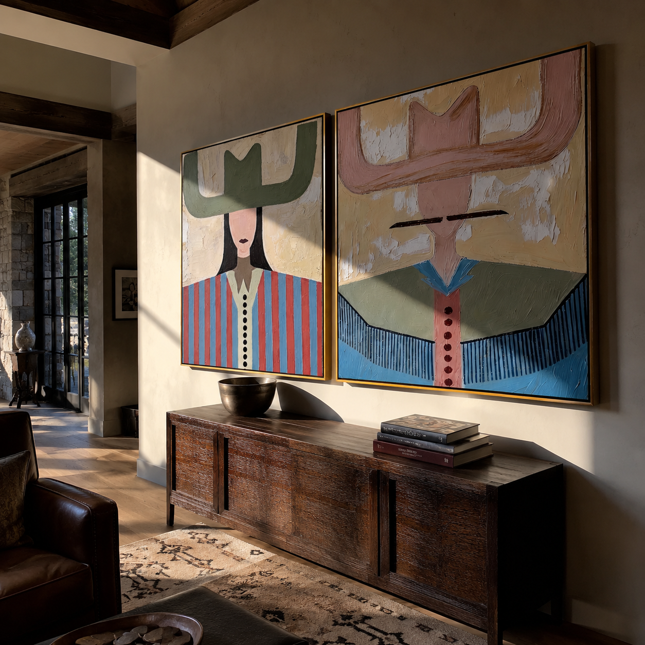 Pastel Brims Divide Noon - color block cowgirl portrait by Elliot Vale, modern figurative set of 2 wall art - styled room scene view 5