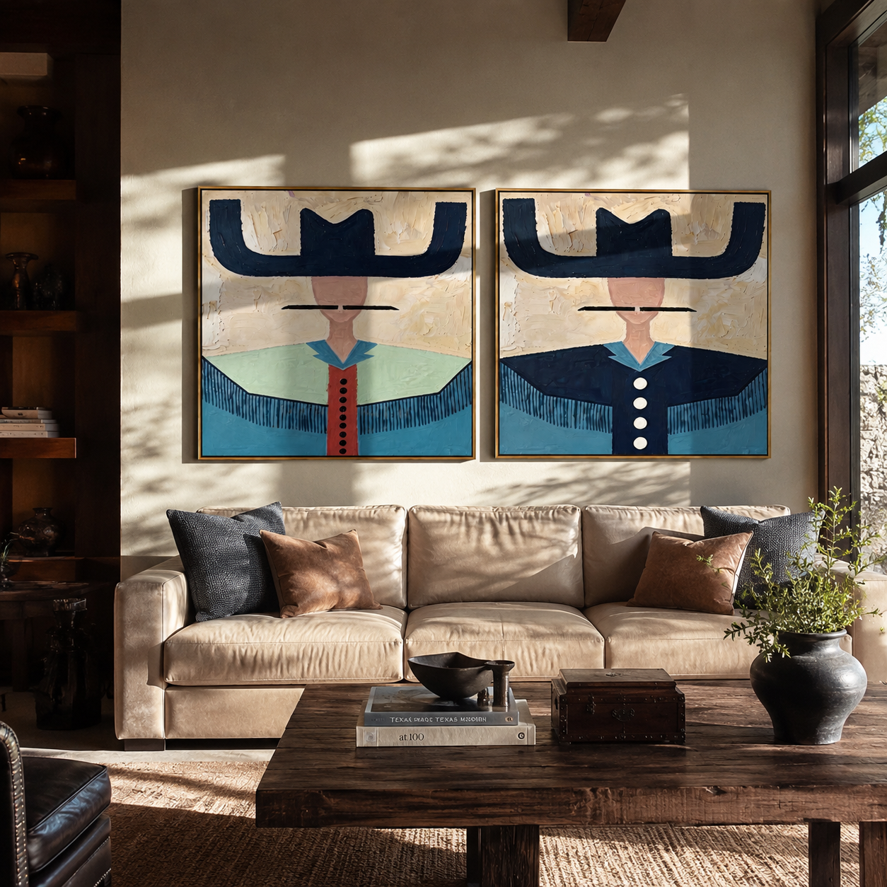 Blue Brims Guard Green - fringed cowgirl portrait by Elliot Vale, modern figurative set of 2 wall art - styled room scene view 1