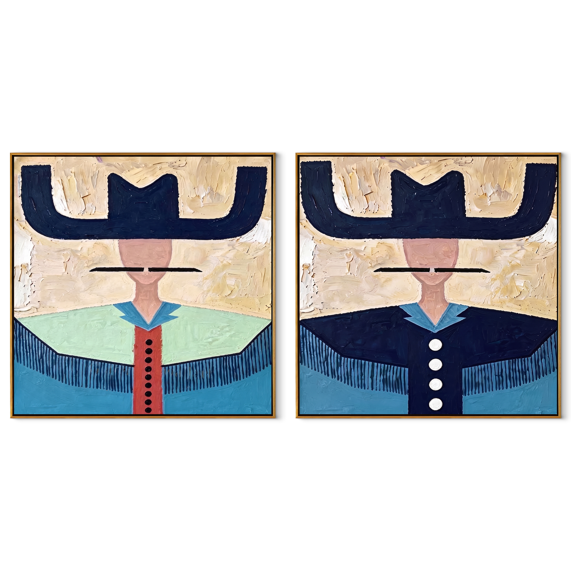 Blue Brims Guard Green - fringed cowgirl portrait by Elliot Vale, modern figurative set of 2 wall art - complete two-panel artwork set on white background