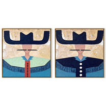 Blue Brims Guard Green - fringed cowgirl portrait by Elliot Vale, modern figurative set of 2 wall art - complete two-panel artwork set on white background