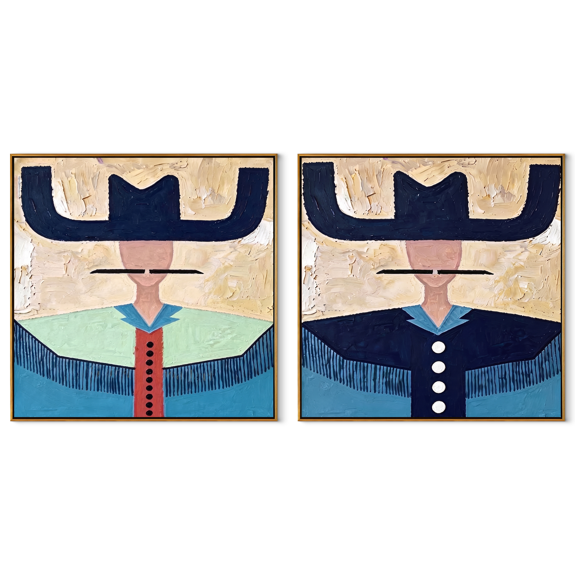 Blue Brims Guard Green - fringed cowgirl portrait by Elliot Vale, modern figurative set of 2 wall art - complete two-panel artwork set on white background