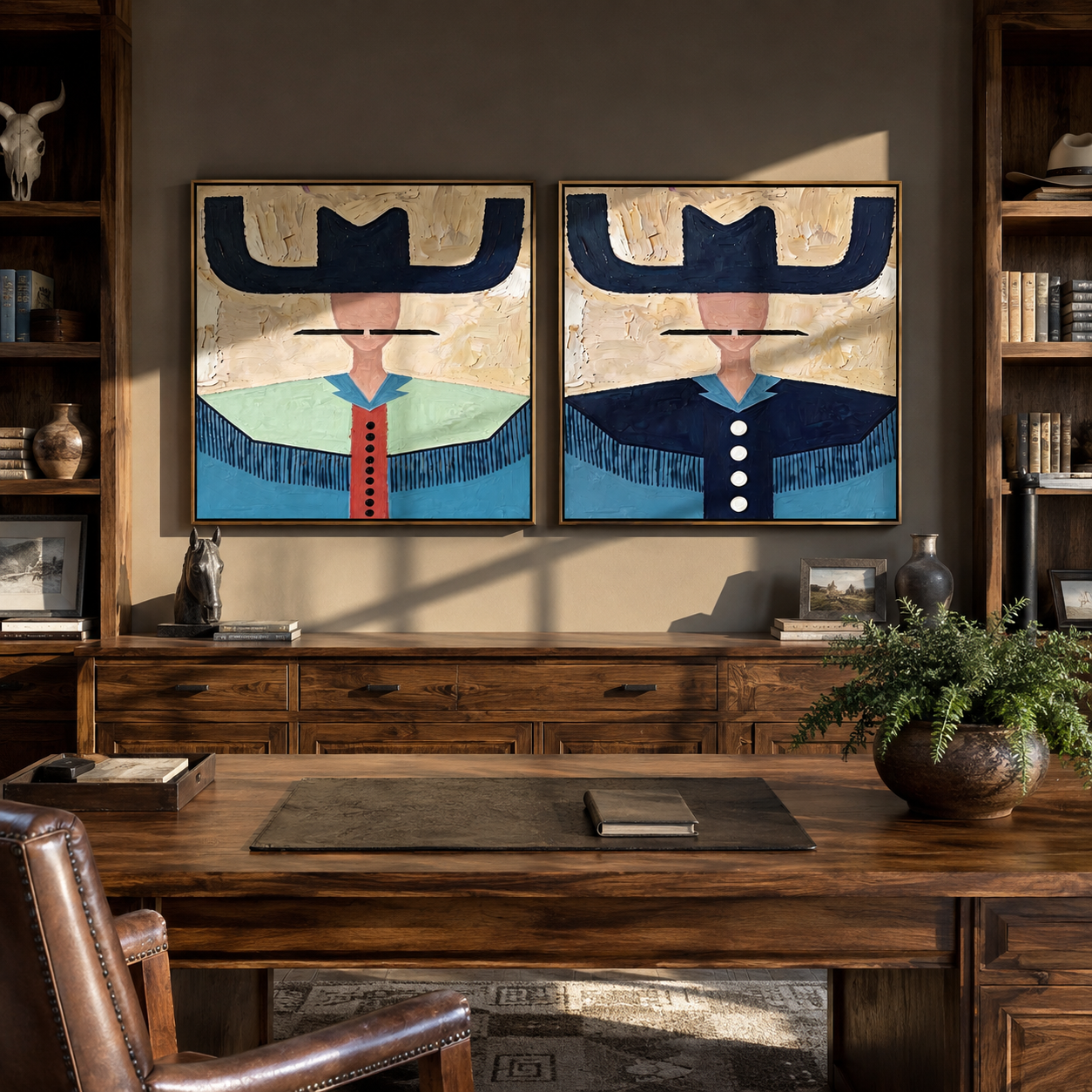 Blue Brims Guard Green - fringed cowgirl portrait by Elliot Vale, modern figurative set of 2 wall art - styled room scene view 2