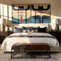 Blue Brims Guard Green - fringed cowgirl portrait by Elliot Vale, modern figurative set of 2 wall art - styled room scene view 3