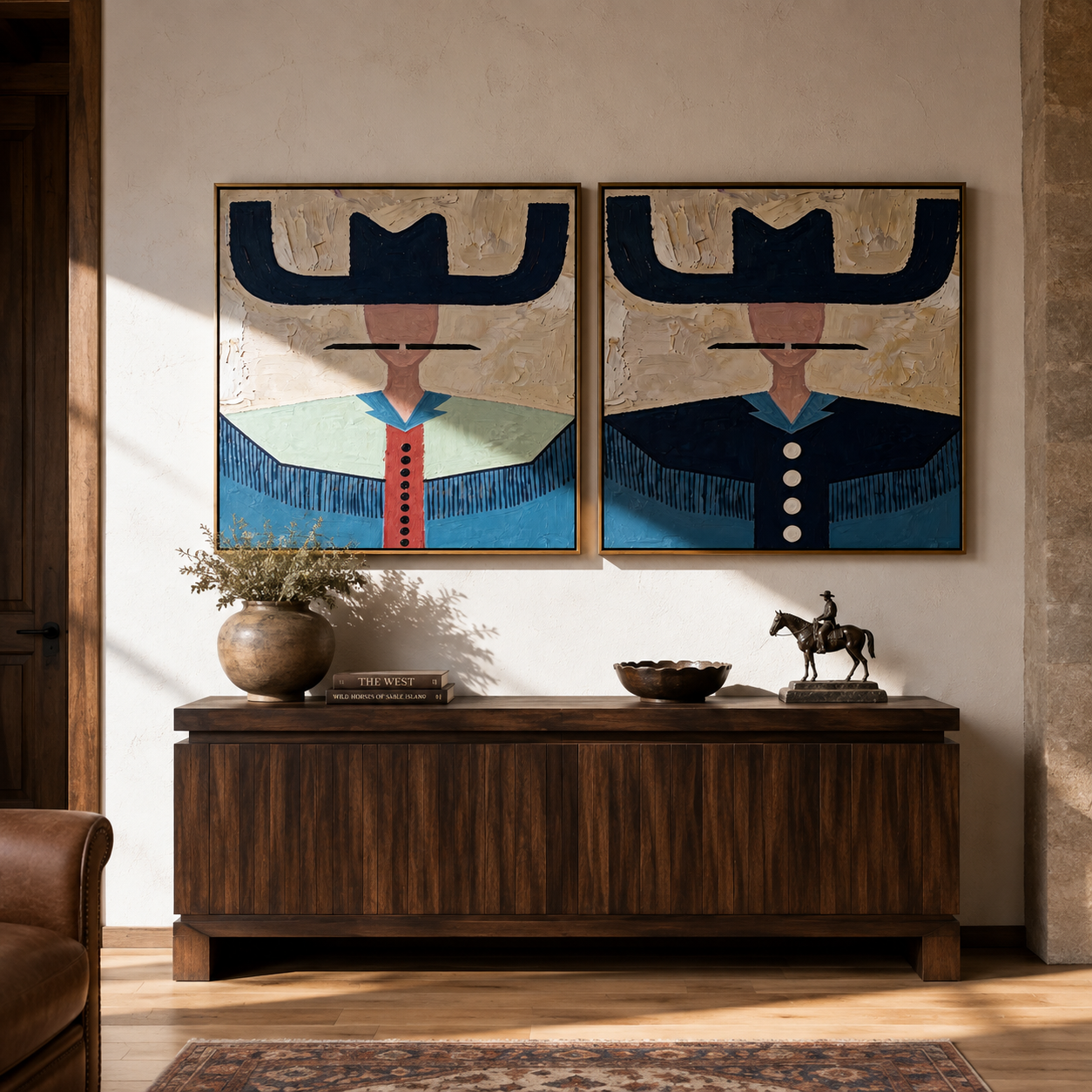 Blue Brims Guard Green - fringed cowgirl portrait by Elliot Vale, modern figurative set of 2 wall art - styled room scene view 4