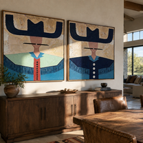 Blue Brims Guard Green - fringed cowgirl portrait by Elliot Vale, modern figurative set of 2 wall art - styled room scene view 5