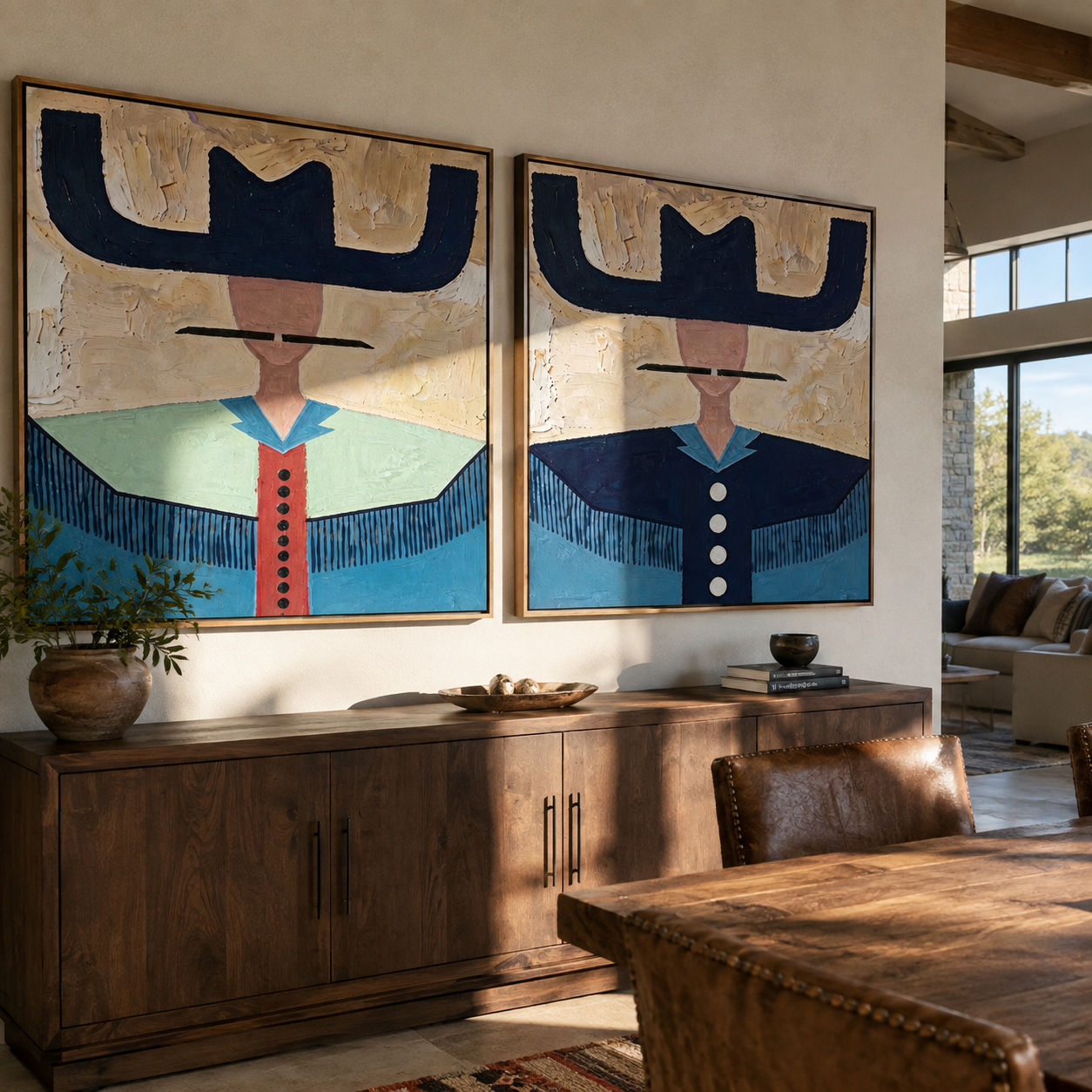 Blue Brims Guard Green - fringed cowgirl portrait by Elliot Vale, modern figurative set of 2 wall art - styled room scene view 5