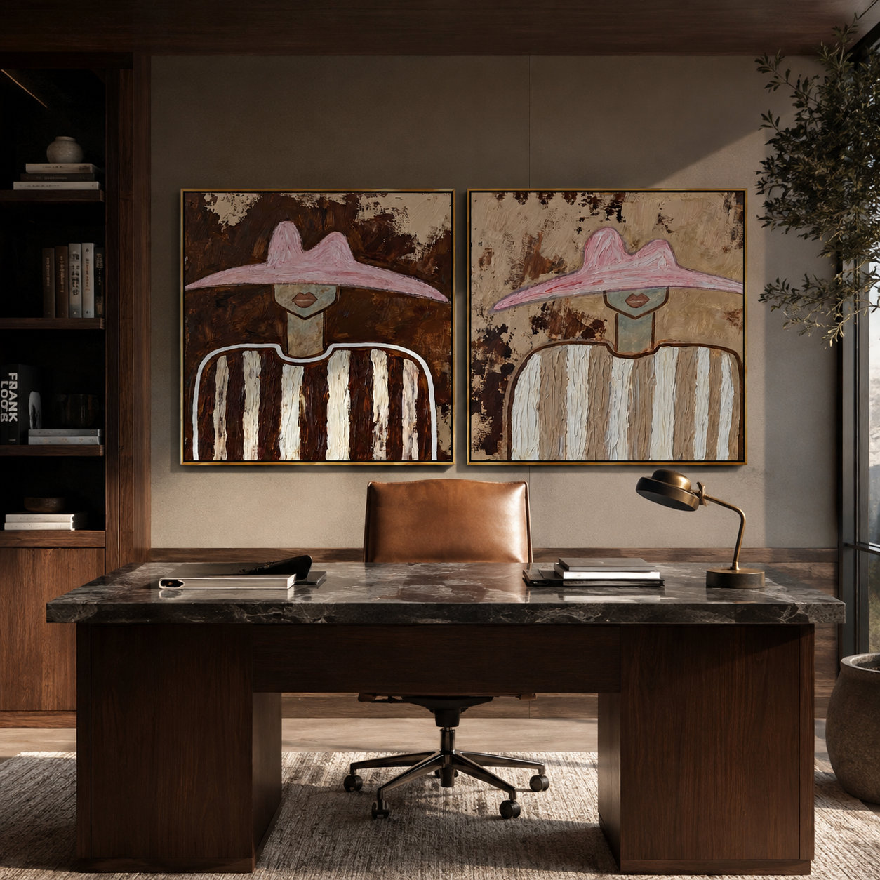 Pink Brims Frame Quiet - striped pink hat portrait by Elliot Vale, modern figurative set of 2 wall art - styled room scene view 1