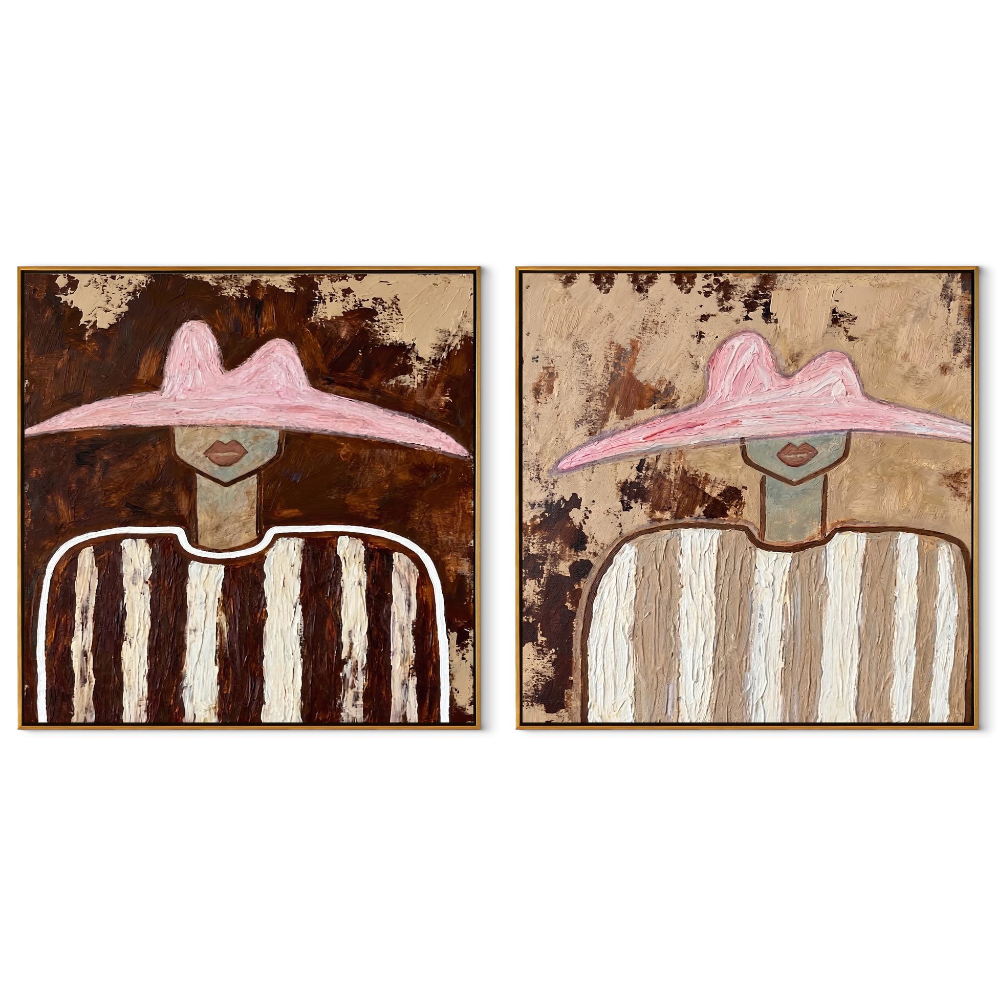 Pink Brims Frame Quiet - striped pink hat portrait by Elliot Vale, modern figurative set of 2 wall art - complete two-panel artwork set on white background