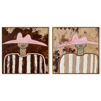 Pink Brims Frame Quiet - striped pink hat portrait by Elliot Vale, modern figurative set of 2 wall art - complete two-panel artwork set on white background