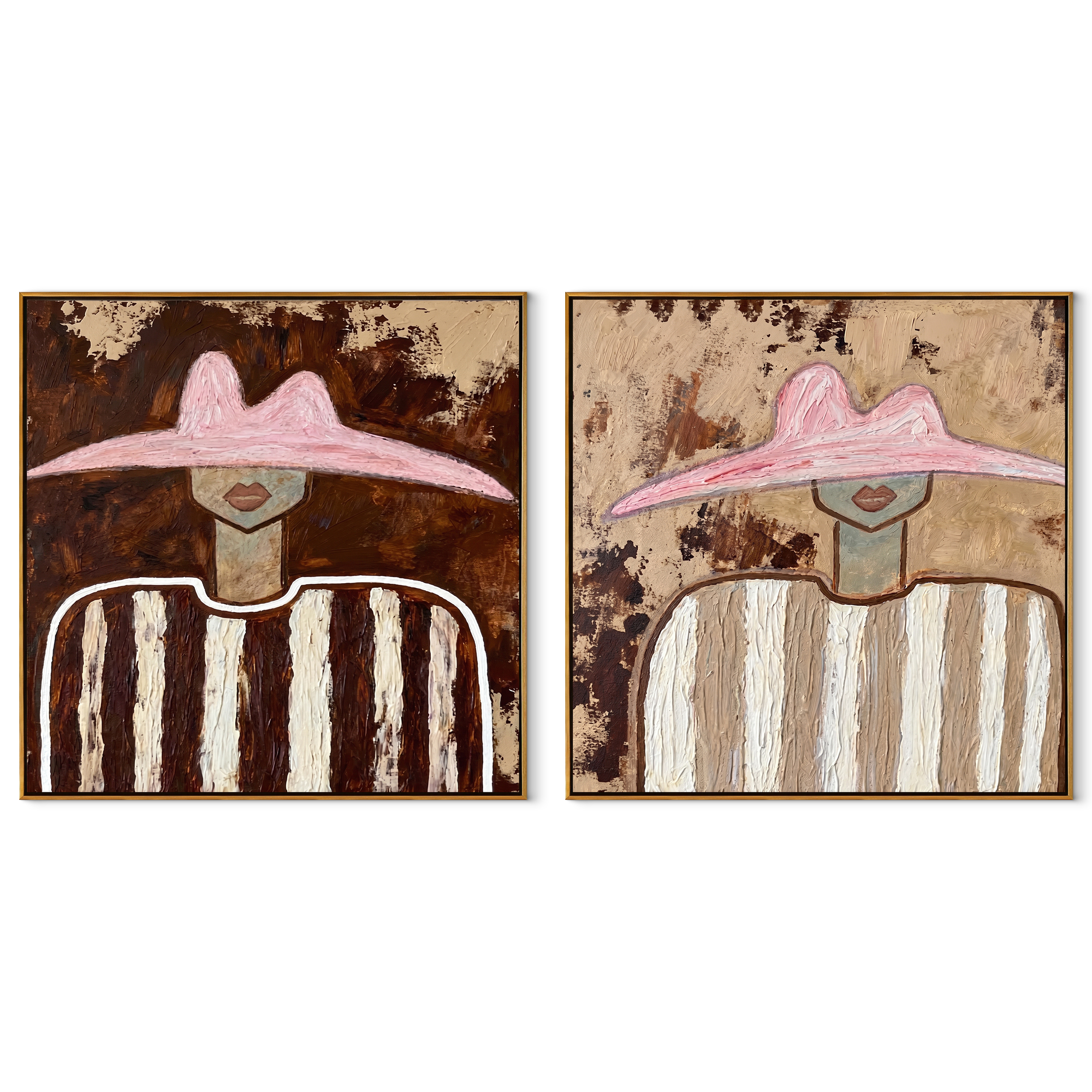 Pink Brims Frame Quiet - striped pink hat portrait by Elliot Vale, modern figurative set of 2 wall art - complete two-panel artwork set on white background