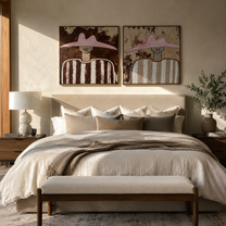 Pink Brims Frame Quiet - striped pink hat portrait by Elliot Vale, modern figurative set of 2 wall art - styled room scene view 2