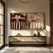 Pink Brims Frame Quiet - striped pink hat portrait by Elliot Vale, modern figurative set of 2 wall art - styled room scene view 3