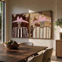 Pink Brims Frame Quiet - striped pink hat portrait by Elliot Vale, modern figurative set of 2 wall art - styled room scene view 4