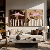 Pink Brims Frame Quiet - striped pink hat portrait by Elliot Vale, modern figurative set of 2 wall art - styled room scene view 5