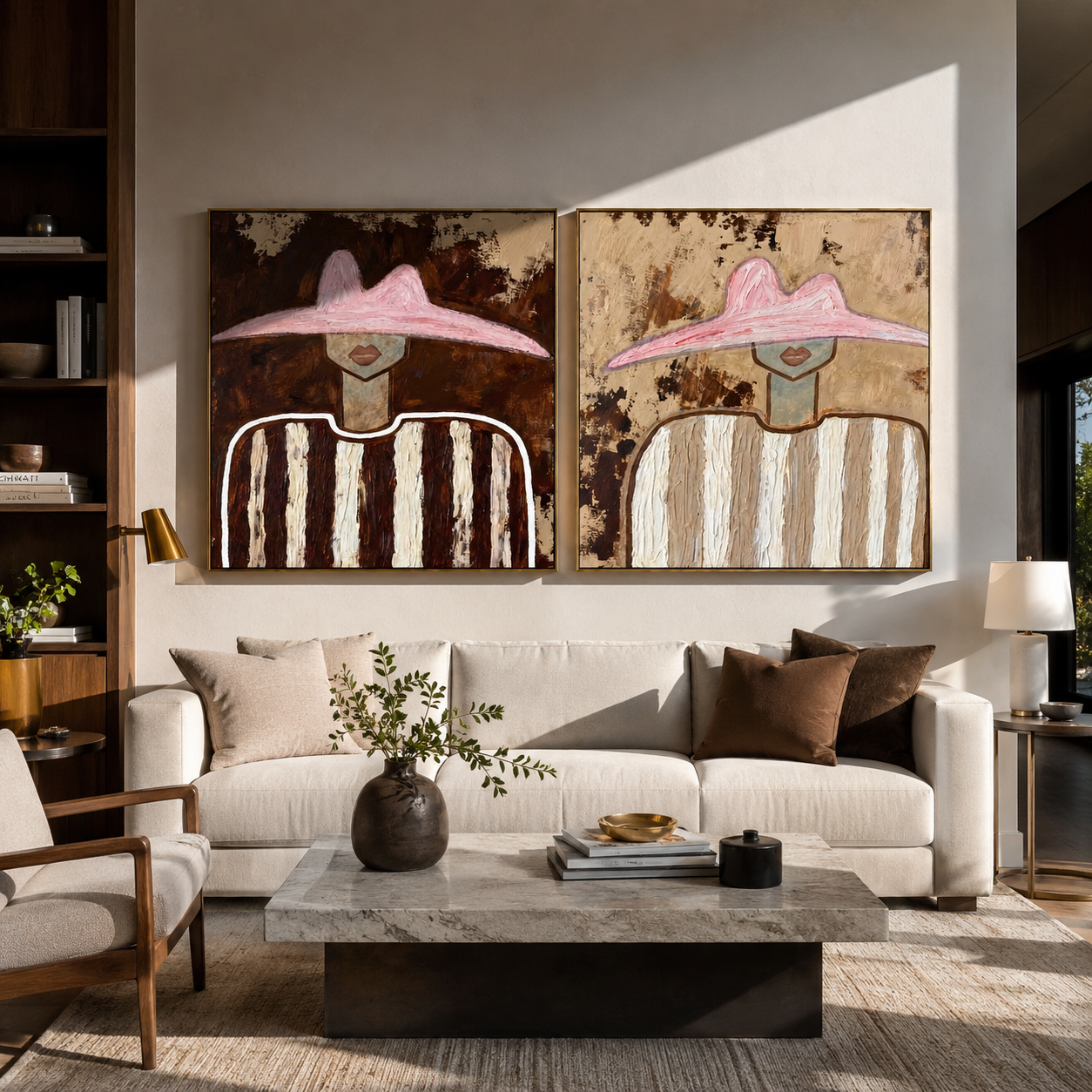 Pink Brims Frame Quiet - striped pink hat portrait by Elliot Vale, modern figurative set of 2 wall art - styled room scene view 5