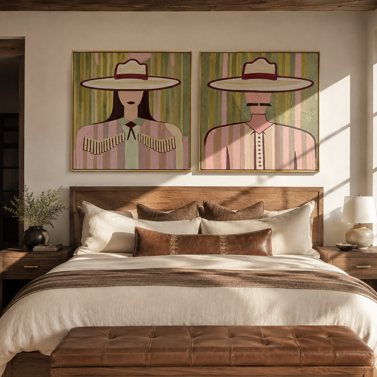 Pale Fringe Holds Light - soft Western woman portrait by Elliot Vale, modern figurative set of 2 wall art - styled room scene view 1