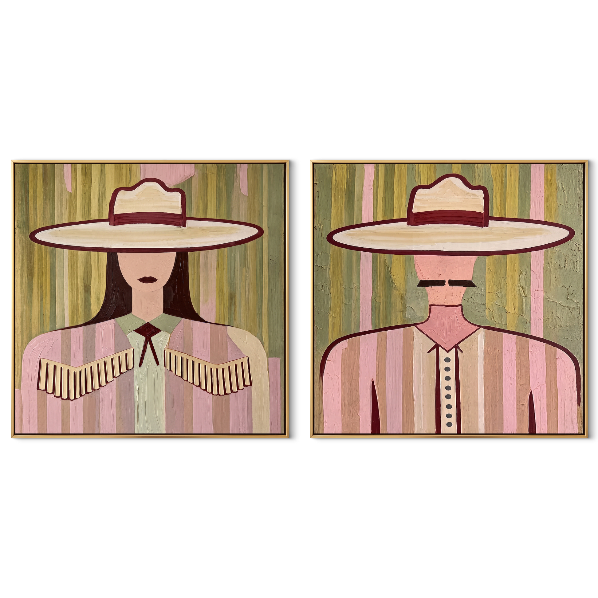 Pale Fringe Holds Light - soft Western woman portrait by Elliot Vale, modern figurative set of 2 wall art - complete two-panel artwork set on white background