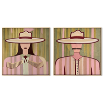 Pale Fringe Holds Light - soft Western woman portrait by Elliot Vale, modern figurative set of 2 wall art - complete two-panel artwork set on white background