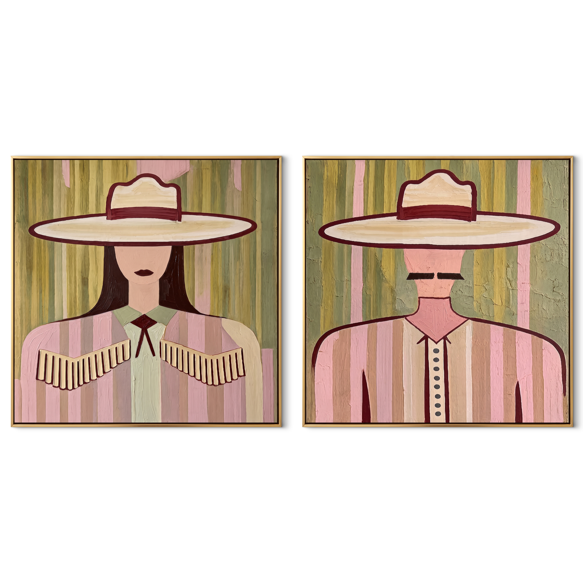 Pale Fringe Holds Light - soft Western woman portrait by Elliot Vale, modern figurative set of 2 wall art - complete two-panel artwork set on white background