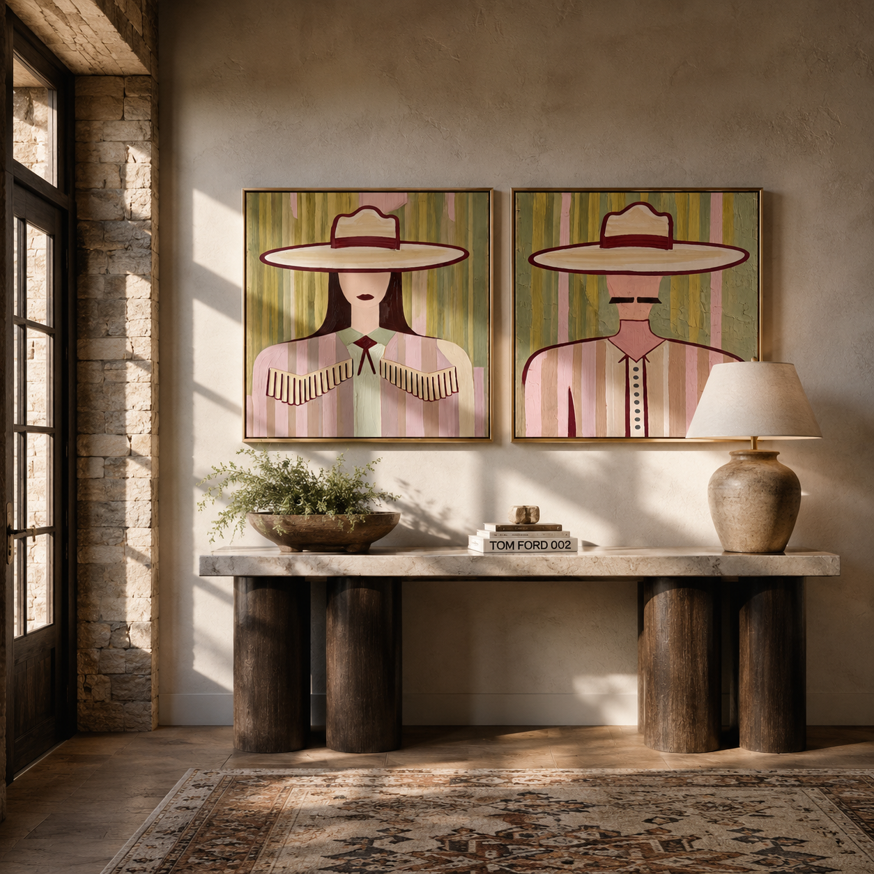 Pale Fringe Holds Light - soft Western woman portrait by Elliot Vale, modern figurative set of 2 wall art - styled room scene view 2
