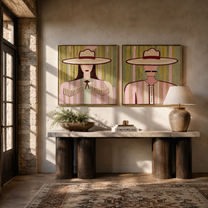 Pale Fringe Holds Light - soft Western woman portrait by Elliot Vale, modern figurative set of 2 wall art - styled room scene view 2