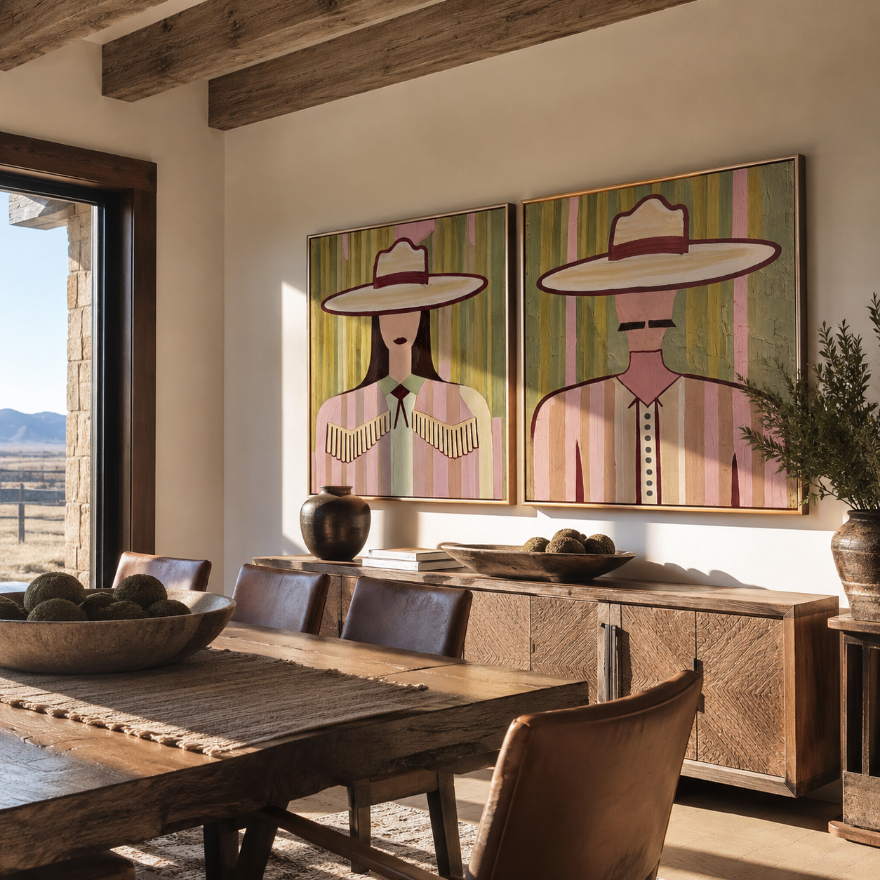Pale Fringe Holds Light - soft Western woman portrait by Elliot Vale, modern figurative set of 2 wall art - styled room scene view 3