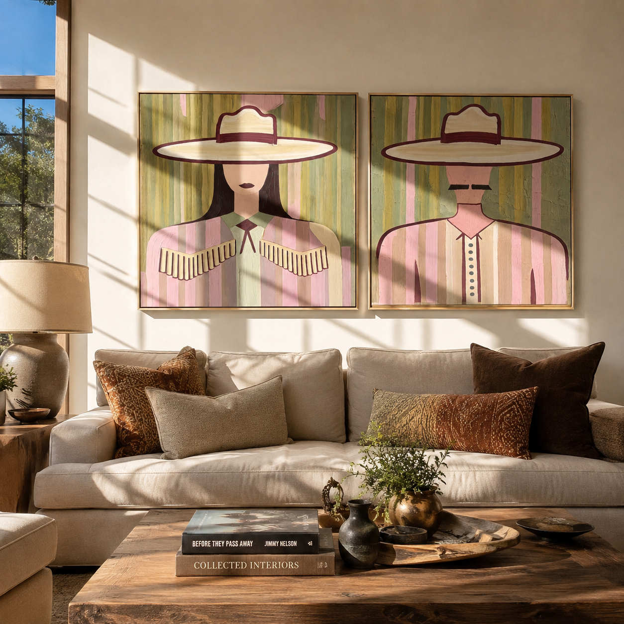 Pale Fringe Holds Light - soft Western woman portrait by Elliot Vale, modern figurative set of 2 wall art - styled room scene view 4