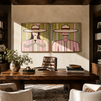 Pale Fringe Holds Light - soft Western woman portrait by Elliot Vale, modern figurative set of 2 wall art - styled room scene view 5