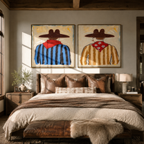 Red Scarves Face Away - back view cowboy portrait by Elliot Vale, modern figurative set of 2 wall art - styled room scene view 1