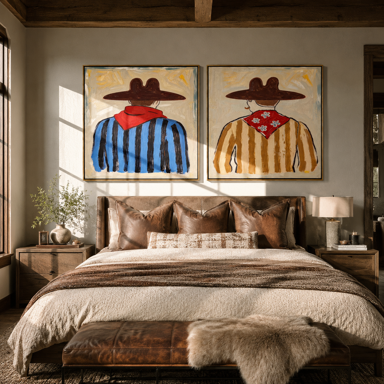 Red Scarves Face Away - back view cowboy portrait by Elliot Vale, modern figurative set of 2 wall art - styled room scene view 1