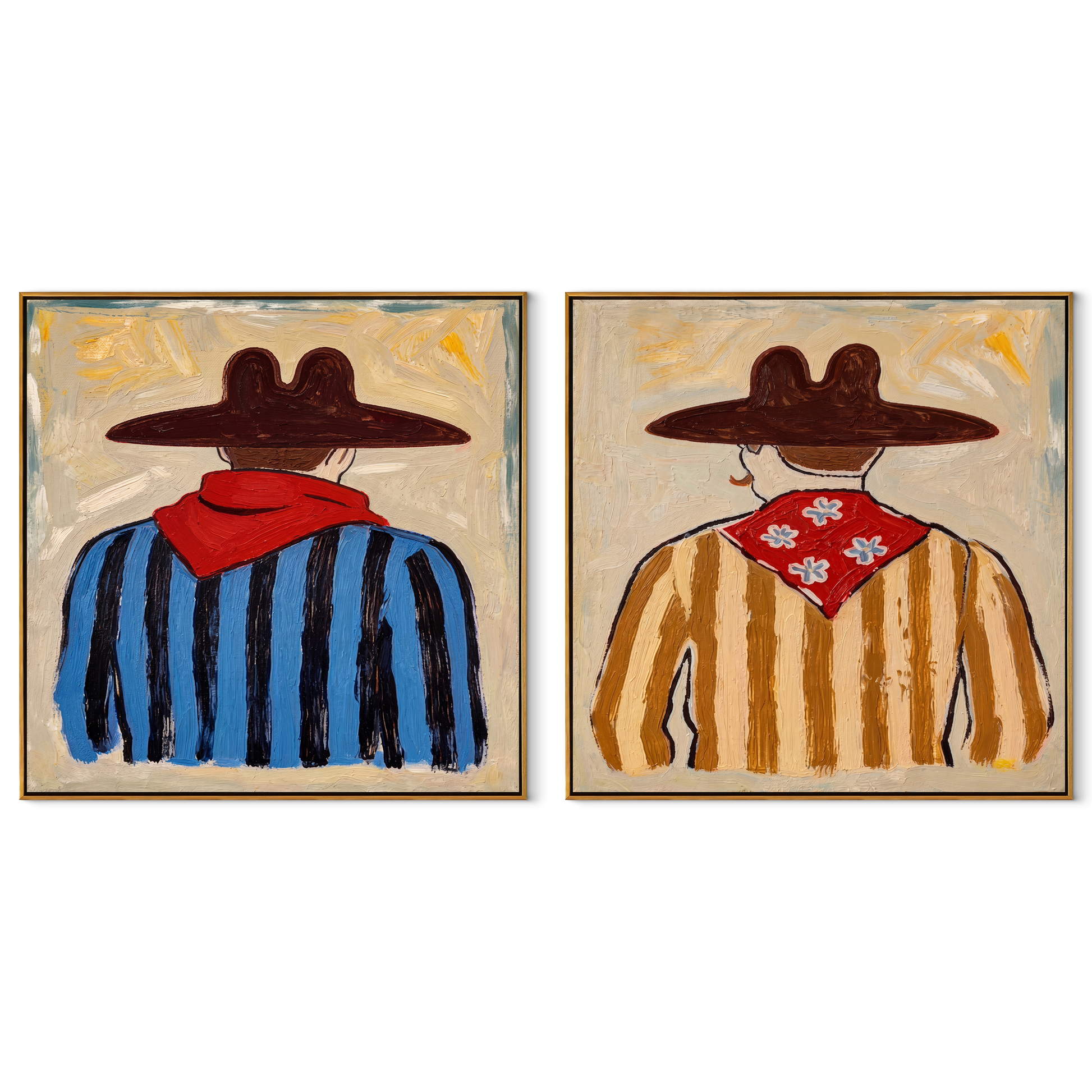 Red Scarves Face Away - back view cowboy portrait by Elliot Vale, modern figurative set of 2 wall art - complete two-panel artwork set on white background