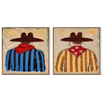 Red Scarves Face Away - back view cowboy portrait by Elliot Vale, modern figurative set of 2 wall art - complete two-panel artwork set on white background