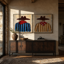 Red Scarves Face Away - back view cowboy portrait by Elliot Vale, modern figurative set of 2 wall art - styled room scene view 2